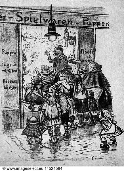 SG hist.  Weihnachten  WeihnachtseinkÃ¤ufe  'Vor dem Weihnachtsladen'  Karikatur von Heinrich Zille  Lithographie 1925 SG hist., Weihnachten, WeihnachtseinkÃ¤ufe, 'Vor dem Weihnachtsladen', Karikatur von Heinrich Zille, Lithographie 1925,