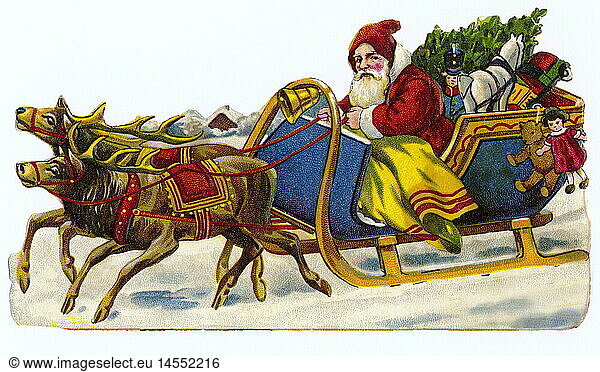 SG hist.  Weihnachten  Weihnachtsmann mit Rentierschlitten  Poesiebild  Lithografie  Deutschland  um 1925
