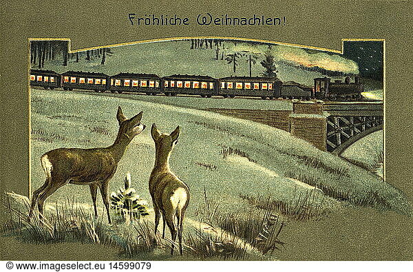 SG hist.  Weihnachten  Zug fÃ¤hrt durch Winterlandschaft  zwei Rehe schauen zu  Postkarte  FrÃ¶hliche Weihnachten  Deutschland  1910