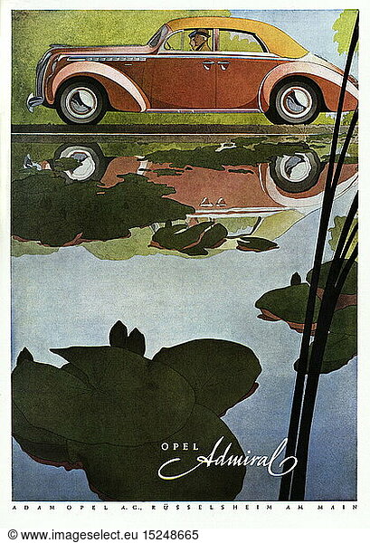 SG hist.  Werbung  Auto  Werbung fÃ¼r Opel Admiral Cabriolet  Auto fÃ¤hrt durch eine Landschaft  Motor: 6 Zylinder  3326 ccm  75 PS  HÃ¶chstgeschwindigkeit: 112 km / h  Modell wurde 1938 / 1939 produziert  Adam Opel AG  RÃ¼sselsheim  Deutschland  1939