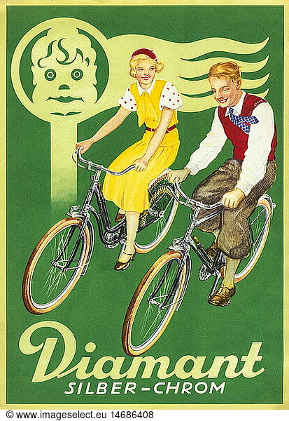 SG hist.  Werbung  Diamant Silber-Chrom  zwei Fahrradfahrer  Deutschland  1935