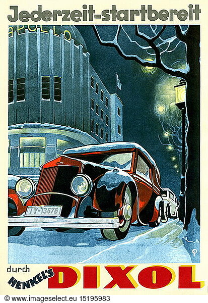 SG hist.  Werbung  Dixol  Frostschutzmittel  bis Minus 30 Grad  'Jederzeit startbereit'  Hersteller Henkel  DÃ¼sseldorf  Deutschland  um 1937