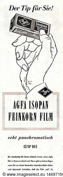SG hist.  Werbung  Fotografie  Agfa  Isopan Feinkorn Film  Anzeige in Zeitschrift  1954