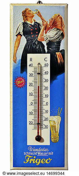 SG hist.  Werbung  Lebensmittel  GetrÃ¤nkehersteller Frigeo  Thermometer  Deutschland  um 1955