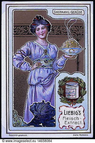 SG hist.  Werbung  Lebensmittel  Liebig's Fleischextrakt  Rezeptkarte 'Gastmahl - GemÃ¼se'  Chromolithografie  punktiert  um 1910  Privatsammlung