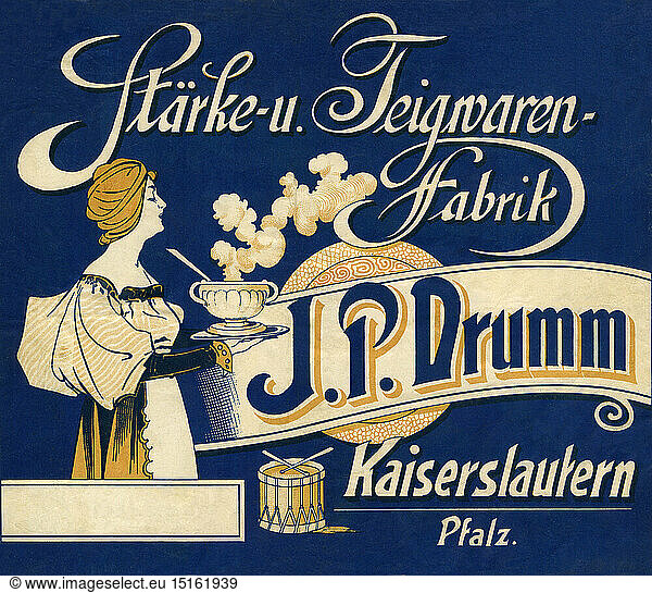 SG hist.  Werbung  Lebensmittel  Werbeplakat 'StÃ¤rke- und Teigwarenfabrik J. P. Drumm'  Kaiserslautern  Deutschland  um 1900