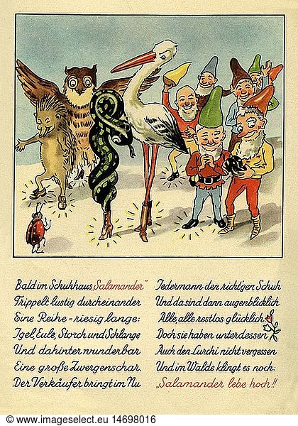 SG. hist.  Werbung  Mode  Schuhe  Salamander  Werbeheft  'Lurchis Abenteuer - Das lustige Salamanderbuch'  Teil 1  1937  Tiere und Zwerge mit Salamander Schuhen