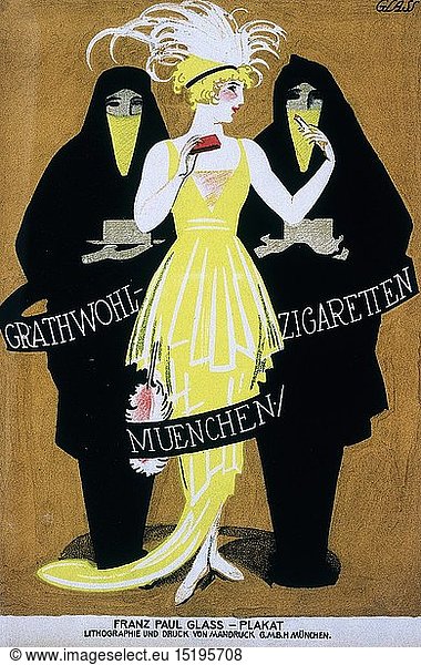 SG hist.  Werbung  Tabak  Werbeplakat fÃ¼r 'Grathwohl Zigaretten'  Entwurf: Franz Paul Glass (1886 - 1964)  Druck: Mandruck GmbH  MÃ¼nchen  um 1921