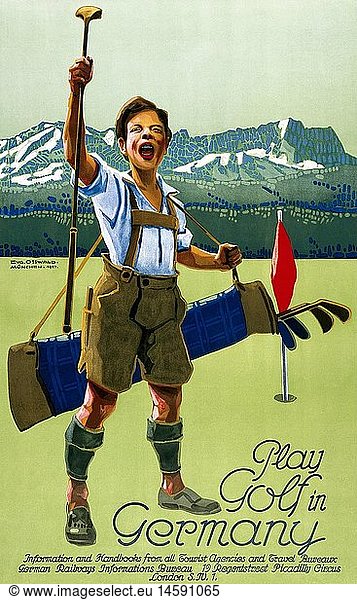 SG hist.  Werbung  Tourismus  Plakat 'Play Golf in Germany'  German Railroad Informatons Bureau London  gedruckt in der Druckanstalt Oscar Consee  Entwurf von Eugen Osswald  MÃ¼nchen  1927