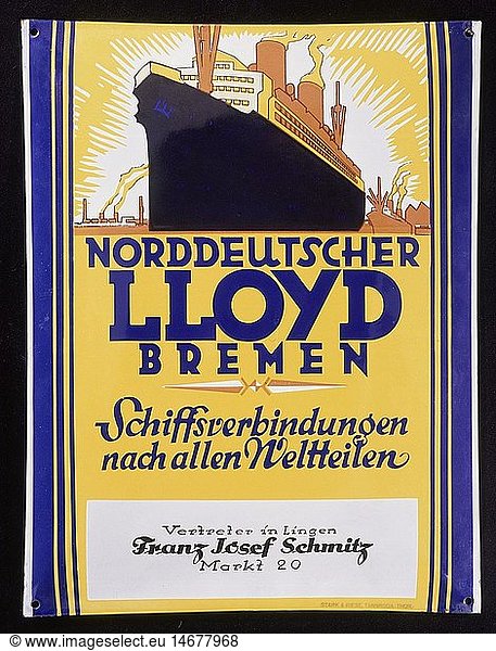 SG hist.  Werbung  Verkehr  Schifffahrt  Norddeutscher Lloyd Bremen  Emailleschild  44x67 cm  Deutschland  1930