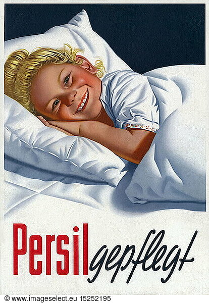 SG hist.  Werbung  Waschmittel  Werbeslogan: 'Persil gepflegt'  Werbeplakat  Persil-Werke  Henkel  Deutschland  um 1955