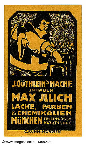 SG hist.  Werbung  Werbemarken  Max Illich Lacke  Farben und Chemikalien  MÃ¼nchen  Deutschland  um 1910