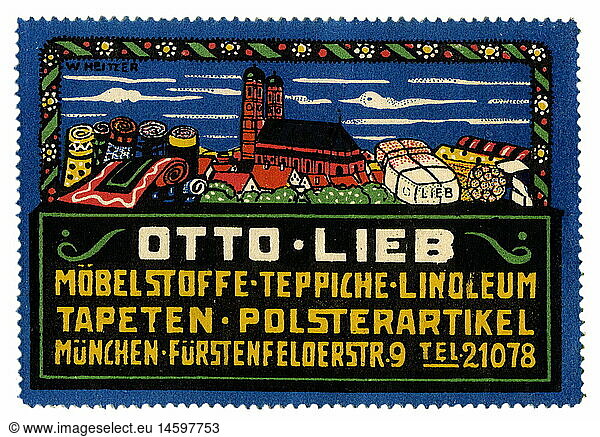 SG hist.  Werbung  Werbemarken  Otto Lieb MÃ¶belstoffe  Polsterartikel  MÃ¼nchen  Deutschland  um 1910