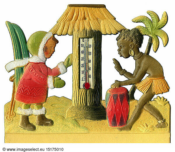 SG hist.  Wetter  Thermometer auf Pappmachee  doppelte Temperaturanzeige  Grad Celsius  Fahrenheit  Deutschland  um 1957