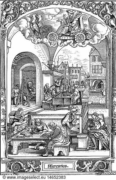 SG hist.  Wissenschaft  die KÃ¼nste  Holzschnitt von Hans Sebald Beham (1500 - 1550)  deutsches Stadtleben in der ersten HÃ¤lfte des 16. Jahrhunderts  'Mercurius'  aus der Folge der Wochentage