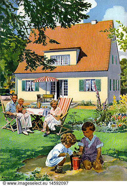 SG hist.  Wohnen  Eigenheim  Familie  spielende Kinder  im Garten  Deutschland  um 1932