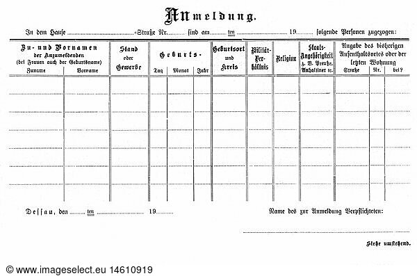 SG hist.  Wohnung  Anmeldeformular  Dessau  Sachsen-Anhalt  Anfang 20. Jahrhundert