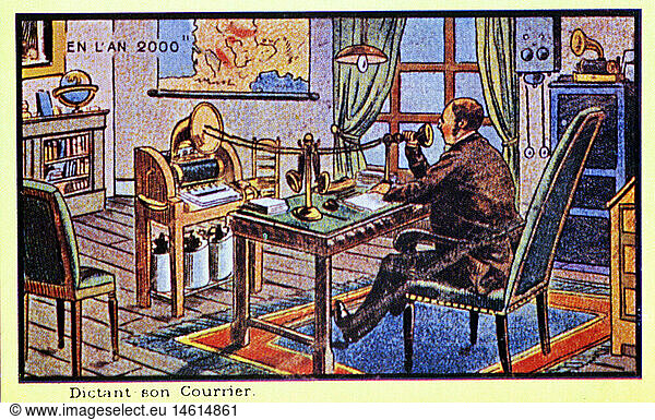 SG hist.  Zukunft  Zukunftsvision 'Im Jahr 2000'  'diktiert dem Boten'  Chromolithographie  Frankreich  1910