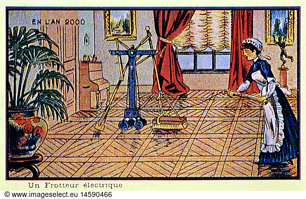 SG hist.  Zukunft  Zukunftsvision 'Im Jahr 2000'  'Elektrischer Schrubber'  Chromolithographie  Frankreich  1910