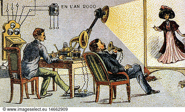 SG hist.  Zukunft  Zukunftsvision 'Im Jahr 2000'  Fernseh-Telefon  Chromolithographie  Frankreich  1910
