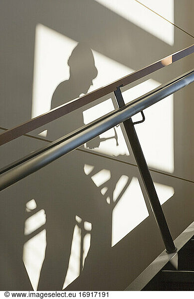 Shadow of a construction worker walking up stairs on wall with handrail.