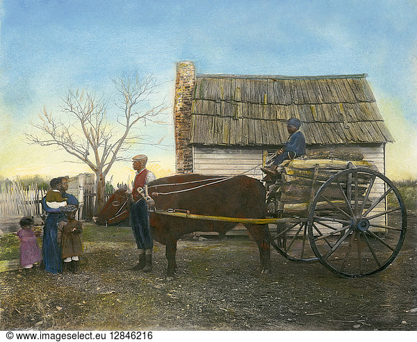 SHARECROPPERS  c1890. A sharecropper family in Virginia. Oil over a photograph  c1890  by Frances Benjamin Johnston.
