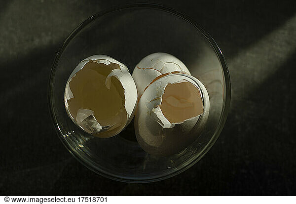 shells of chicken eggs in a transparent bowl