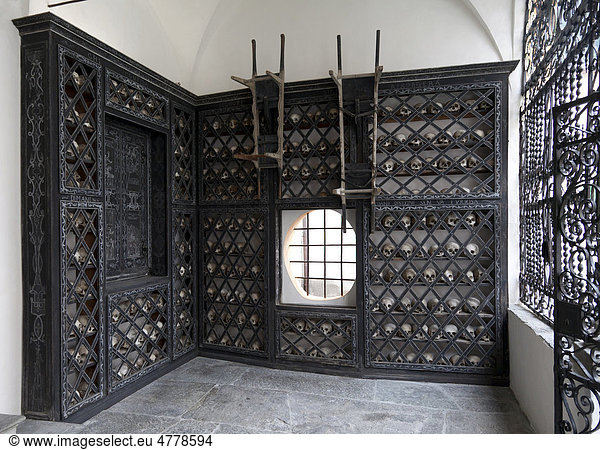 Shelves with skulls and bones in the Oratorio Sant'Anna with ossuary in Poschiavo  Canton Grisons  Switzerland  Europe