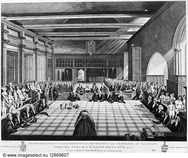 SHERIFFS OF LONDON  1811. The presentation of the sheriffs of London  Samuel Birch and William Heygate  in the Court of the Exchequer in 1811. Line engraving  English  1813.