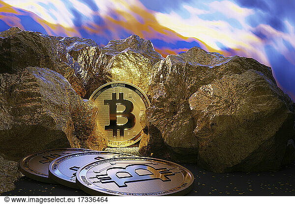Shiny bitcoins amidst gold nuggets