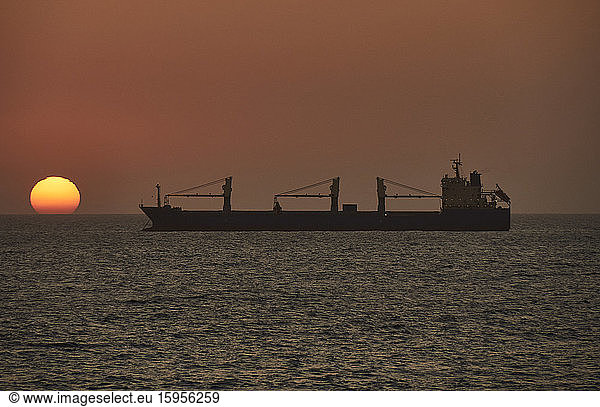 Ship on the sea at sunset  Walvis Bay  Namibia
