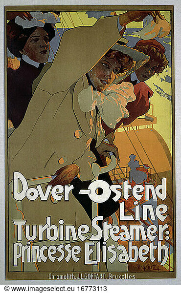 Shipping line:
Dover-Ostend Line. “Dover-Ostend Line / Turbine steamer: Princesse Elisabeth . Poster.
Colour lithograph  undated by Adolfo Hohenstein (1854–1917).
Print: J.Goffart  Brüssel.