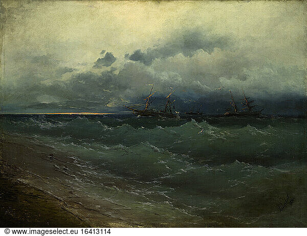 Ships on a stormy sea at daybreak