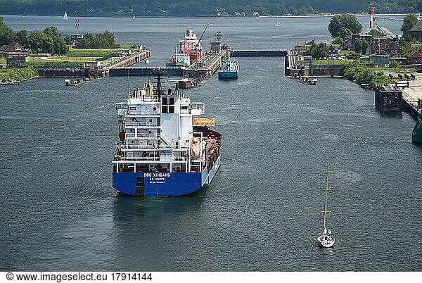 Ships sail to the Kiel-Hiltenau lock facility on the Kiel Canal  Schleswig-Holstein  Germany  Europe