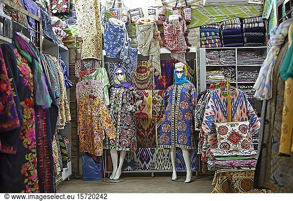 Shop for women's clothing in the bazaar  Old Town Bukhara  Province Buxoro  Uzbekistan  Asia