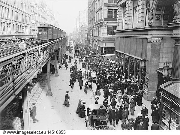 Shoppers and Elevated Train Along Sixth Avenue  New York City  New York  USA  Detroit Publishing Company  1903
