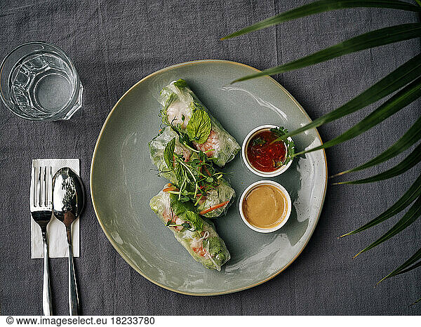 Shrimp spring rolls with dipping sauces