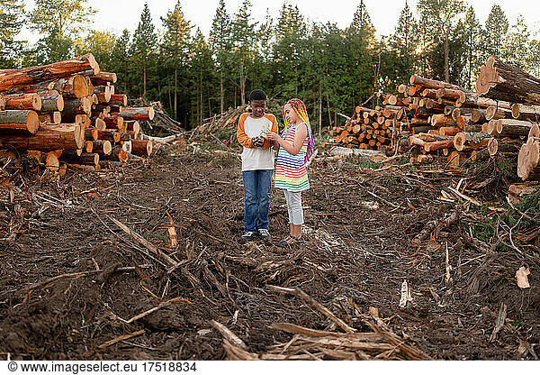Siblings stand on logging site