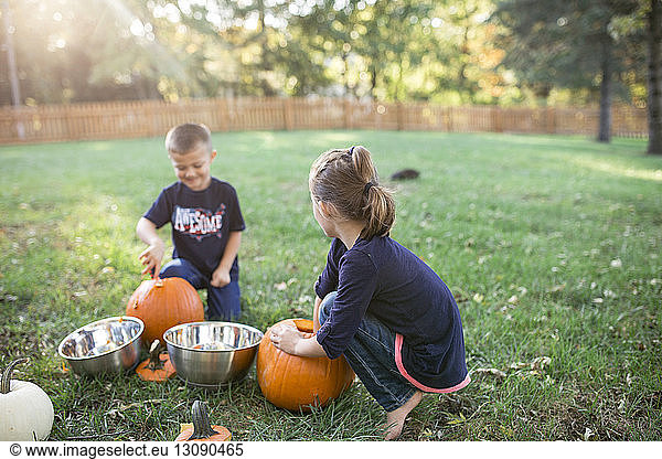 Siblings with pumpkins on field in yard during Halloween