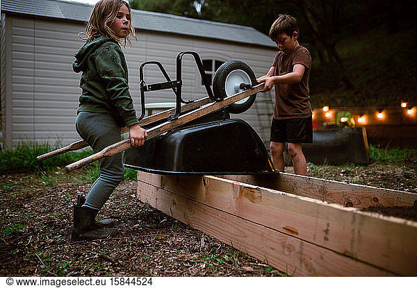 Siblings work together on raised garden bed with soil from wheelbarrow