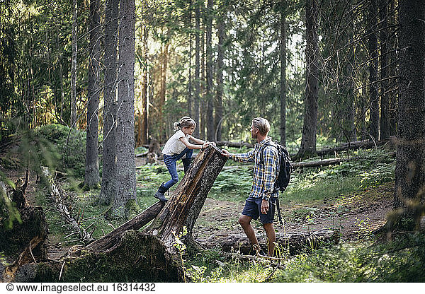 Side view of daughter climbing log by father in forest