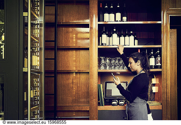 Side view of female owner checking list of wine bottles in phone while standing in cafe
