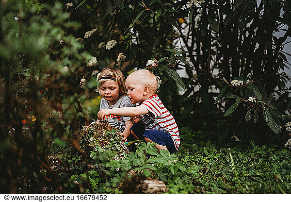 Side view of kids discovering insects in the garden