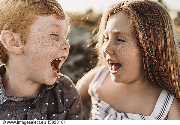 Side view of young freckled redhead siblings laughing at each other