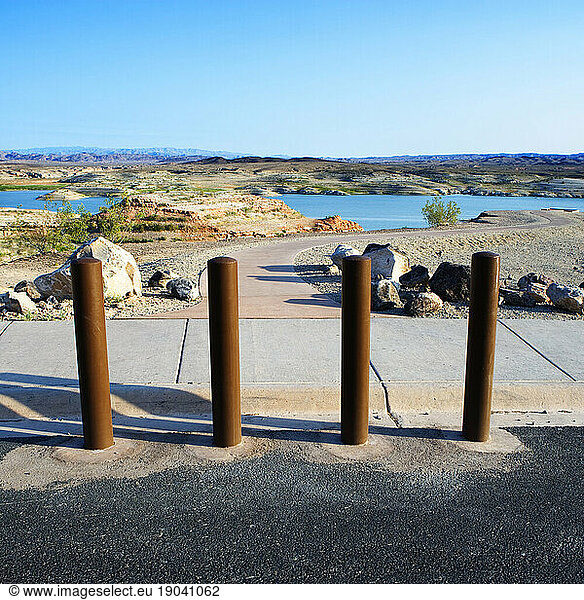 Sidewalk and barrier  rest stop along Lake Mead National Recreation Area  Nevada.