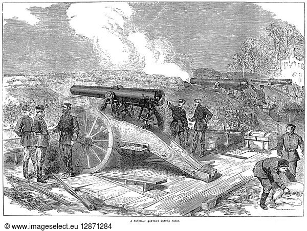 SIEGE OF PARIS  1871. A Prussian battery outside Paris during the Franco-Prussian War. Wood engraving from an English newspaper of 1870.