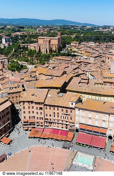 Siena,  Siena Province,  Tuscany,  Italy. Piazza del Campo seen from the top of the Torre del Mangia. The historic centre of Siena is a UNESCO World Heritage Site.