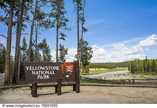 Sign for Yellowstone National Park at the South Entrance  Wyoming