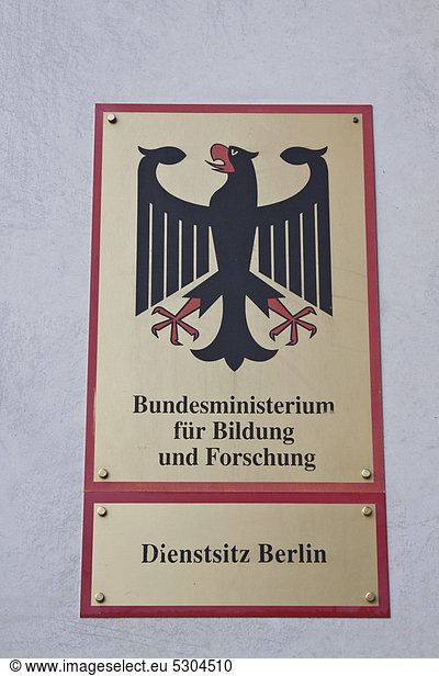 Sign  lettering Bundesministerium fuer Bildung und Forschung  German for Federal Ministry for Education and Research  Berlin office  Germany  Europe
