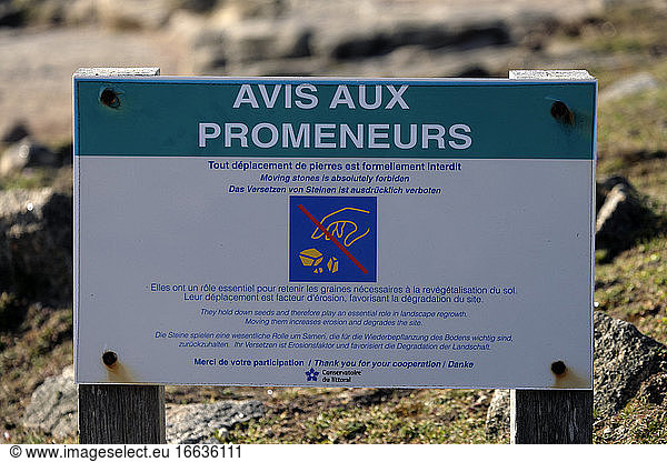 Sign  Notice to walkers  protection against moving stones  for revegetation  Pointe du Raz  Plogoff  Finist?re  France